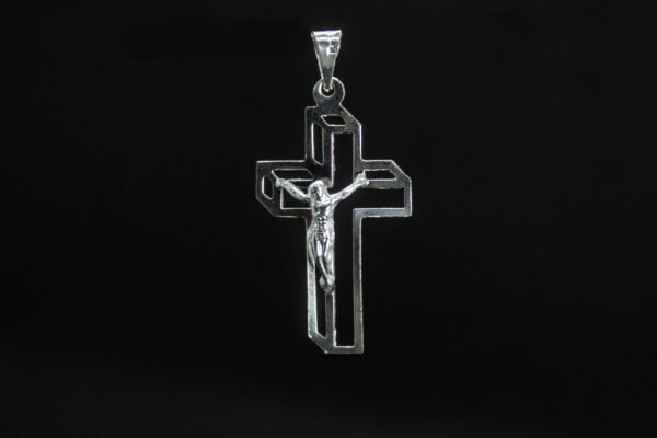 Crucifijo de la Fe Eterna. Plata .925, diseño de doble cruz moderna con Cristo. (Varios tamaños). (Dije sin cadena)