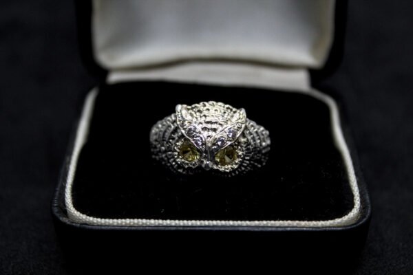 Anillo Artesanal Búho de la Sabiduría. Plata .925 (aprox. 8.3 gr). Diseño tridimensional de búho con ojos brillantes. Producto Artesanal. (Entrega: 5-7 días hábiles)